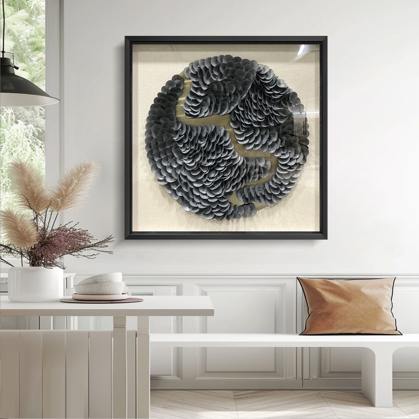 Modern Textured Leather Wall Decor - Circular Mixed Media Art