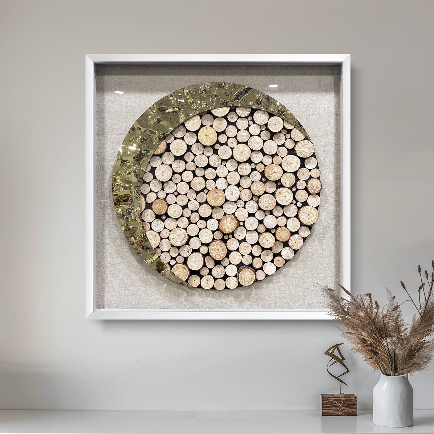 Luxury Framed Log Cross-Section Wall Art - Metallic 3D Sculpture