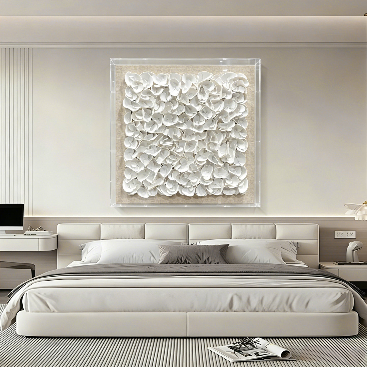 White Monochrome Leather Wall Sculpture - Luxury 3D Geometric Art