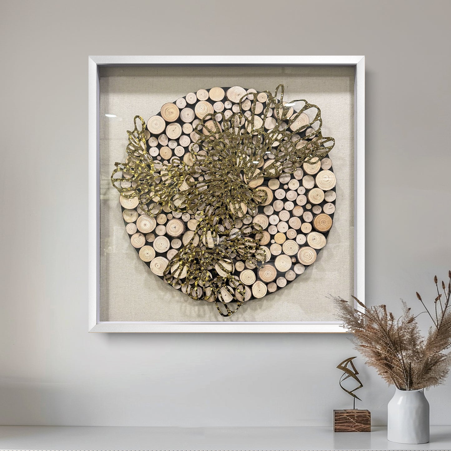 Natural Wood Round & Metal Wall Sculpture - 3D Mixed Media Art