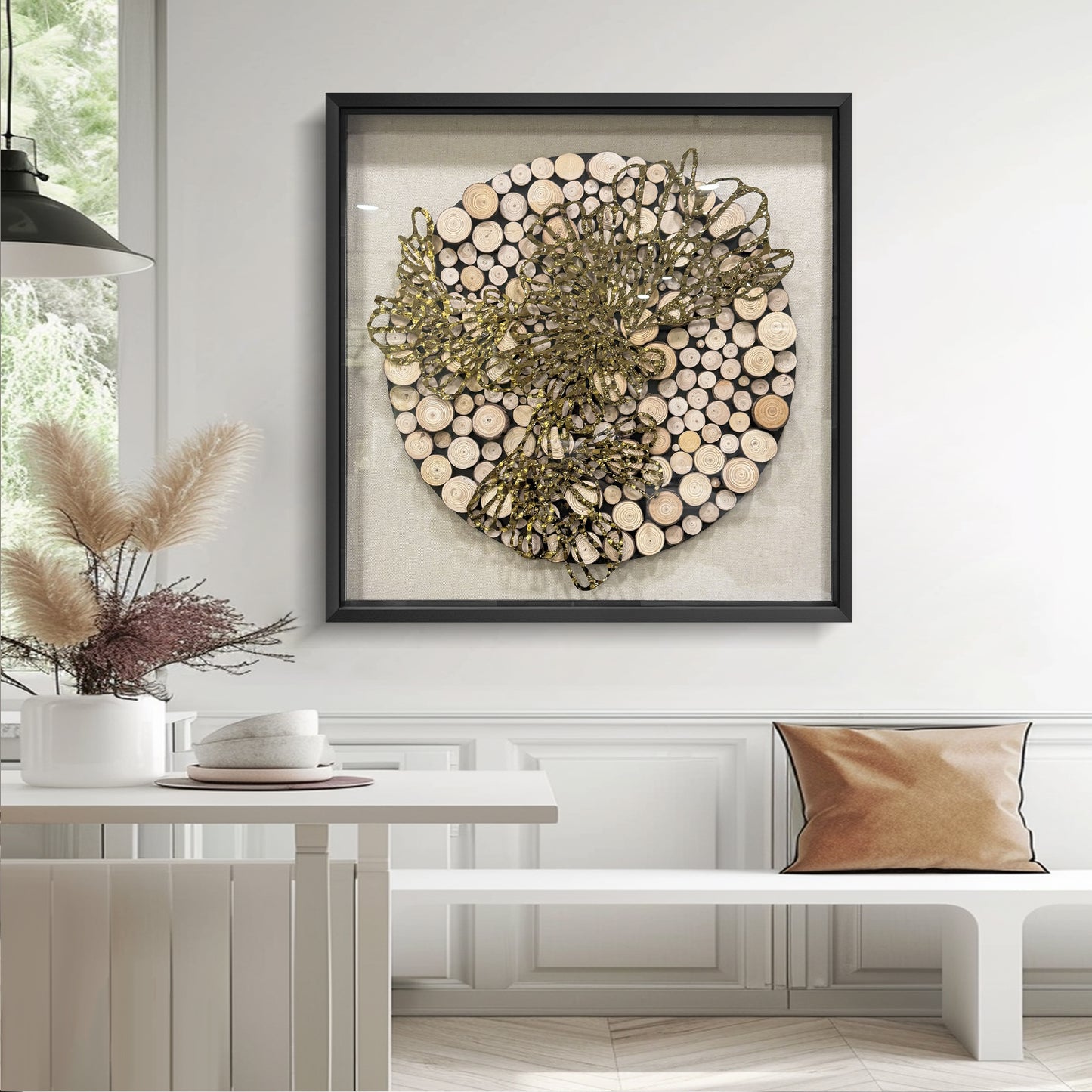 Natural Wood Round & Metal Wall Sculpture - 3D Mixed Media Art