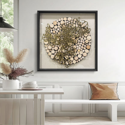 Natural Wood Round & Metal Wall Sculpture - 3D Mixed Media Art