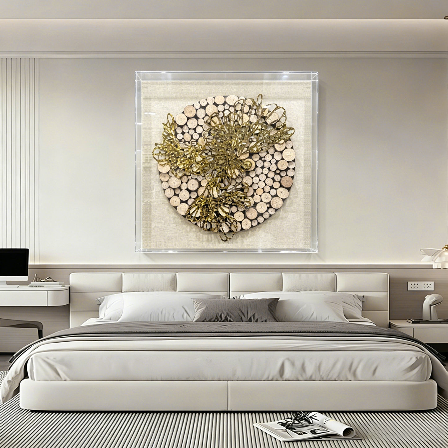 Natural Wood Round & Metal Wall Sculpture - 3D Mixed Media Art