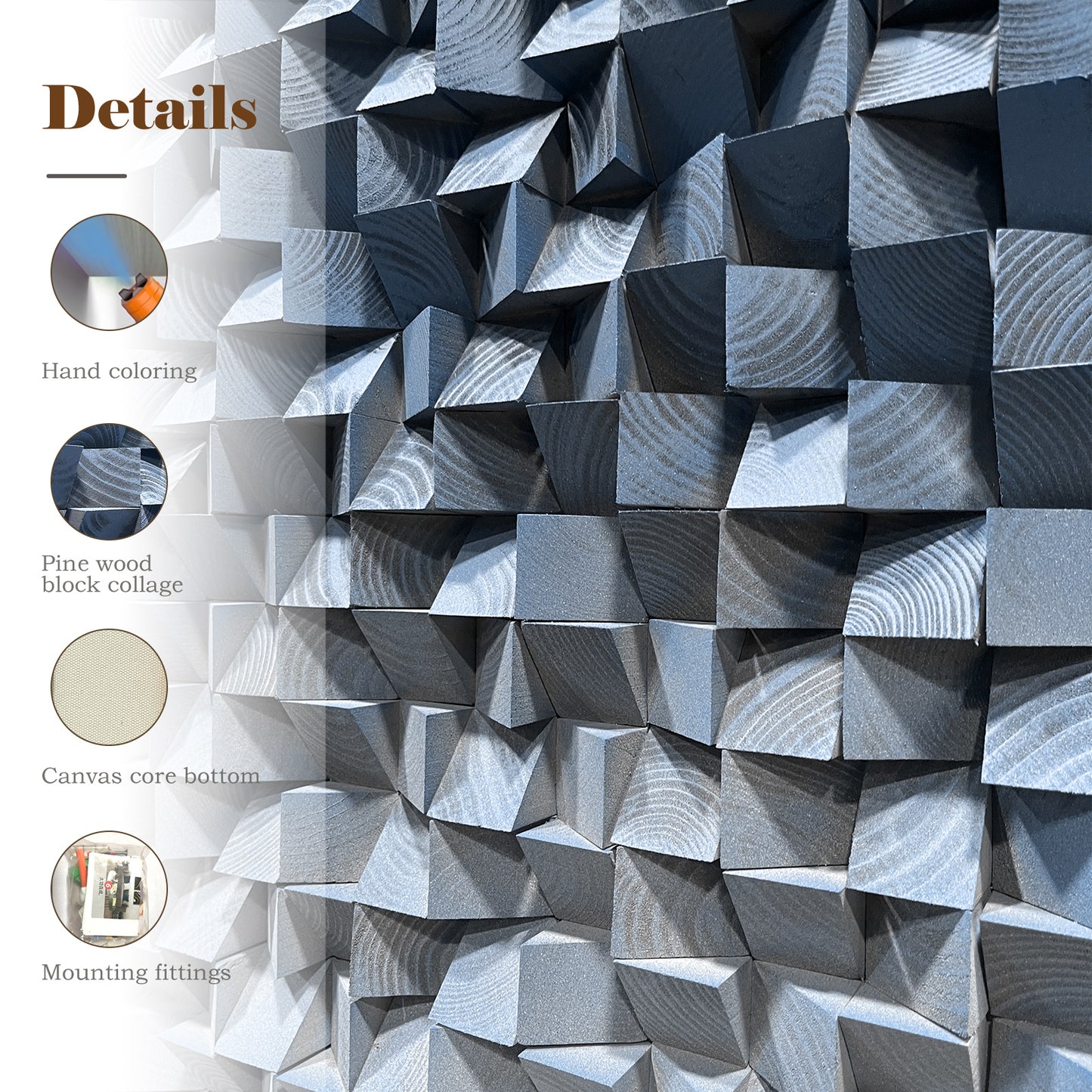 3D Wood Block Wall Art, crafted from natural wood with gradient blue and gray tones, featuring rich layered texture.