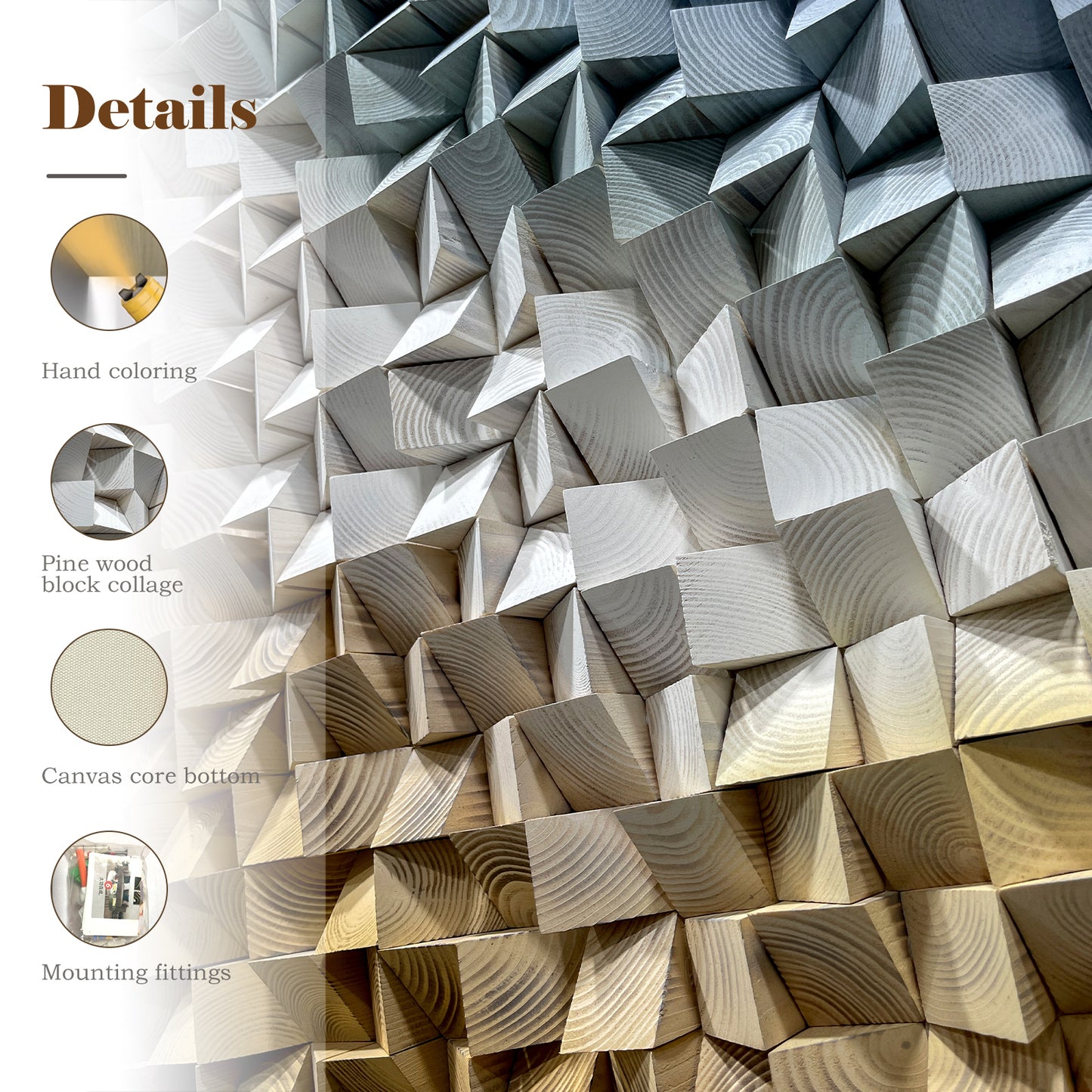 Modern 3D wooden wall art with triangular wood blocks, large-sized wall hanging decor to elevate space style.