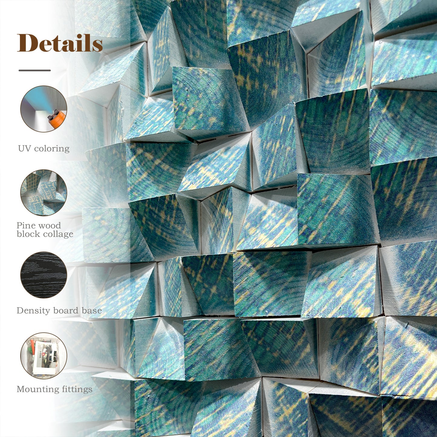 Large triangular wooden block wall art with blue-green-gold pattern, eye-catching modern decor for living room.