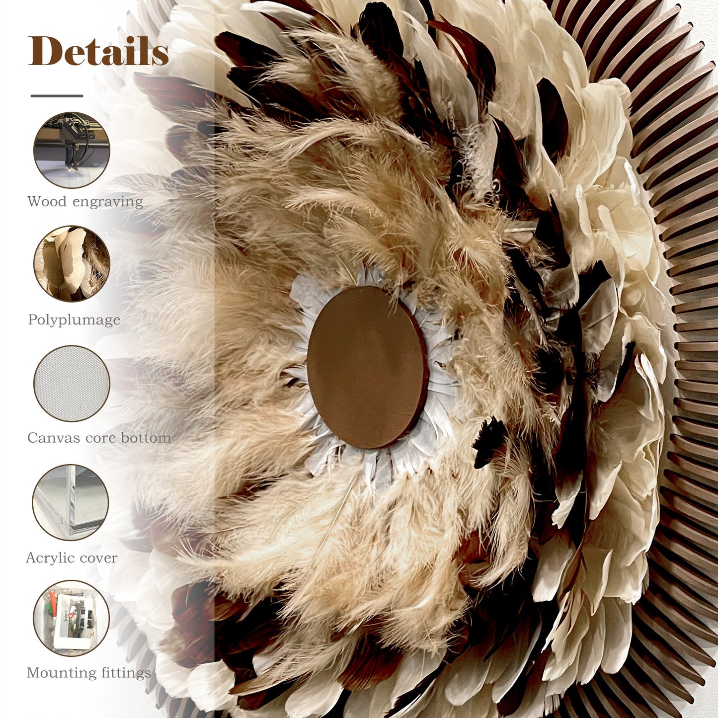 Boho Feather Wall Art - Radial Wood Slats Layered Juju Decor