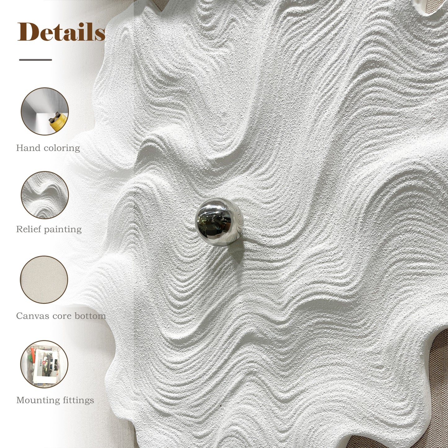 White Textured Wood Carving with Silver Sphere Wall Art