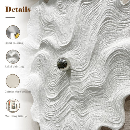 White Textured Wood Carving with Silver Sphere Wall Art