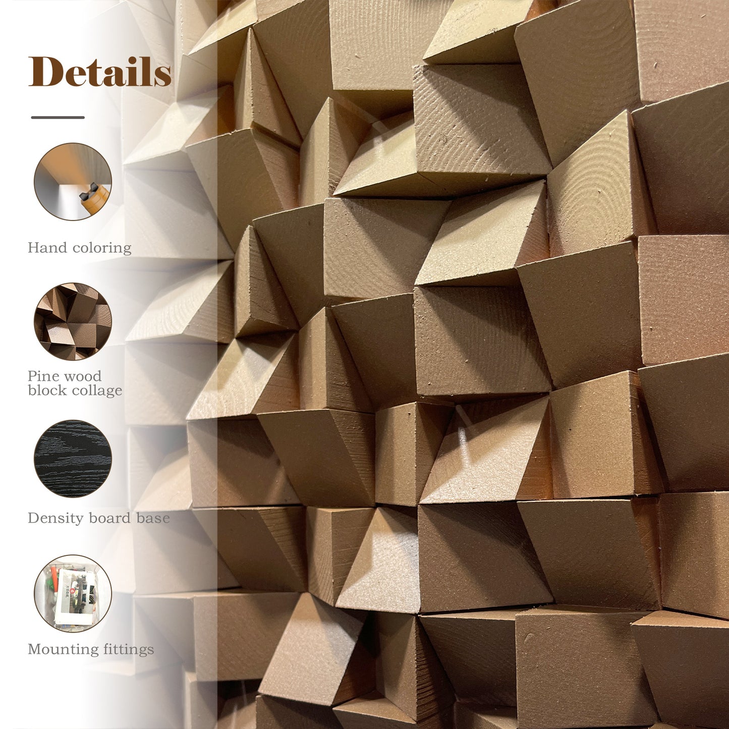 Wooden circle wall decor with 3D textured mosaic in warm brown tones, modern abstract art perfect for living room accent walls.