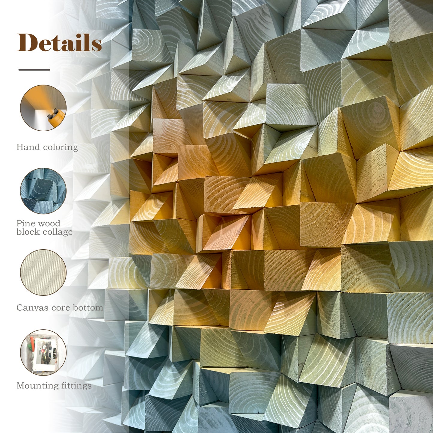 Large 3D natural wood wall decor with original triangular design.