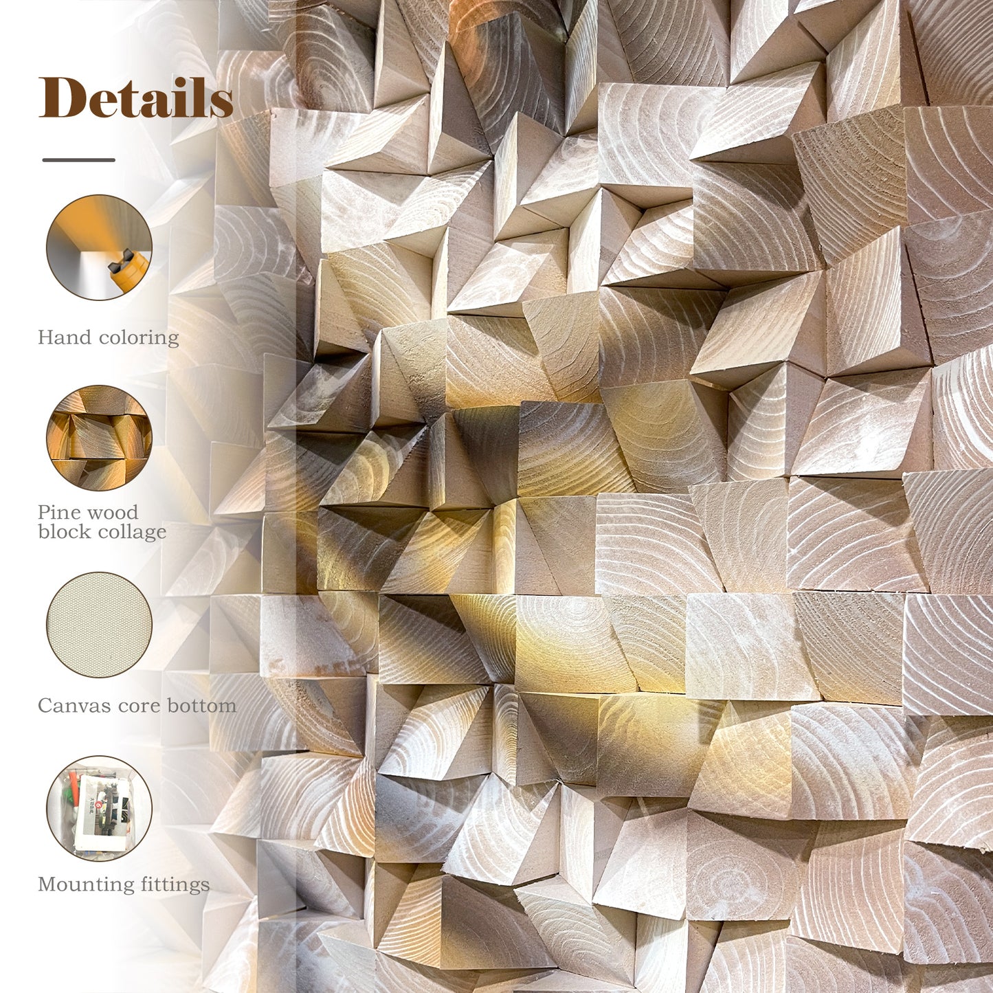 Three-dimensional triangular wooden block wall art, modern styled with natural wood texture, elevating any wall space elegantly.