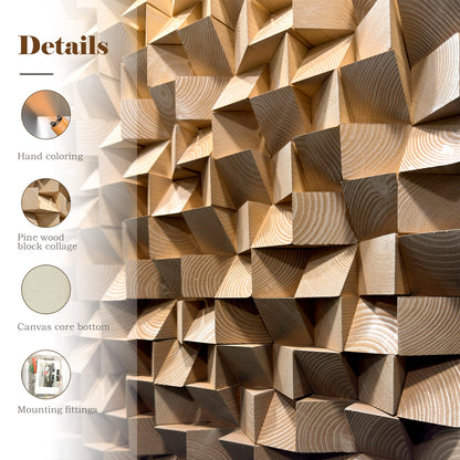Wooden wall art, handmade solid wood mosaic with abstract coffee brown gradient and triangular design, rich in texture.