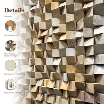 3D gradient wooden mosaic wall art features geometric wood blocks in gradual color transitions, delivering rich texture, artistic depth and natural warmth.