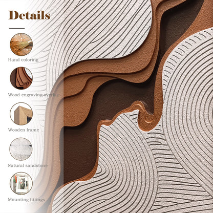 Creative hand-carved decorative artwork interwoven with brown and white lines, accented by a solid wood frame, delivering an elegant artistic touch.
