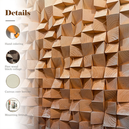 Warm earth-tone wood wall art, 3D textured mosaic with gradient orange-to-brown hues, abstract modern design allowing horizontal or vertical display.