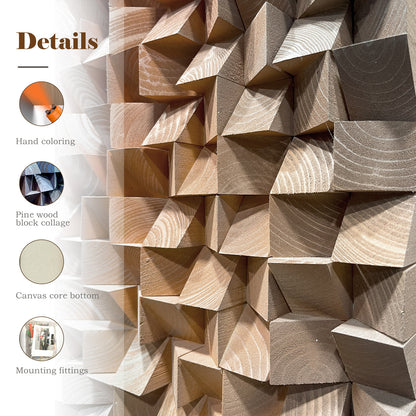 Modern abstract 3D wall art, solid wood mosaic panel in blue, white and orange tones, with rich three-dimensional texture.
