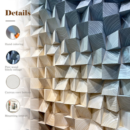 3D wood wall decor featuring triangular wooden blocks, highlighting natural wood grain and rich three-dimensional structure.