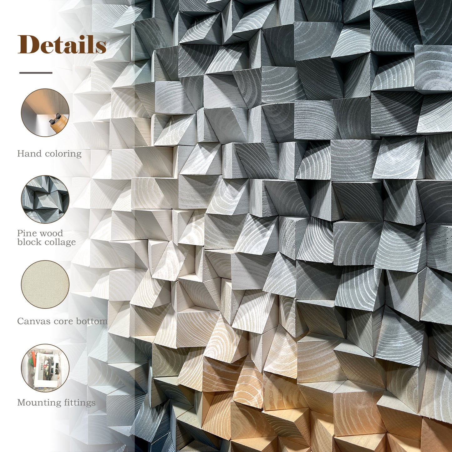 Large triangular wooden block wall art, crafted from natural wood with strong artistic appeal, creating an eye-catching focal point for interior spaces.