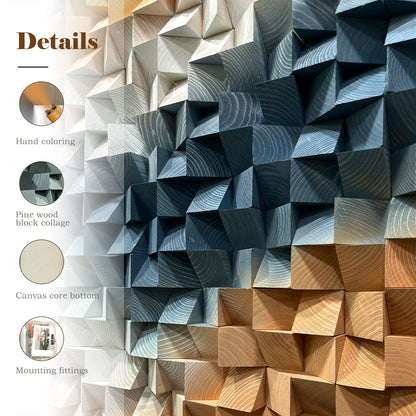3D gradient wooden mosaic wall artwork, crafted from natural wood with gradual color transitions, full of artistic stereoscopic sense.