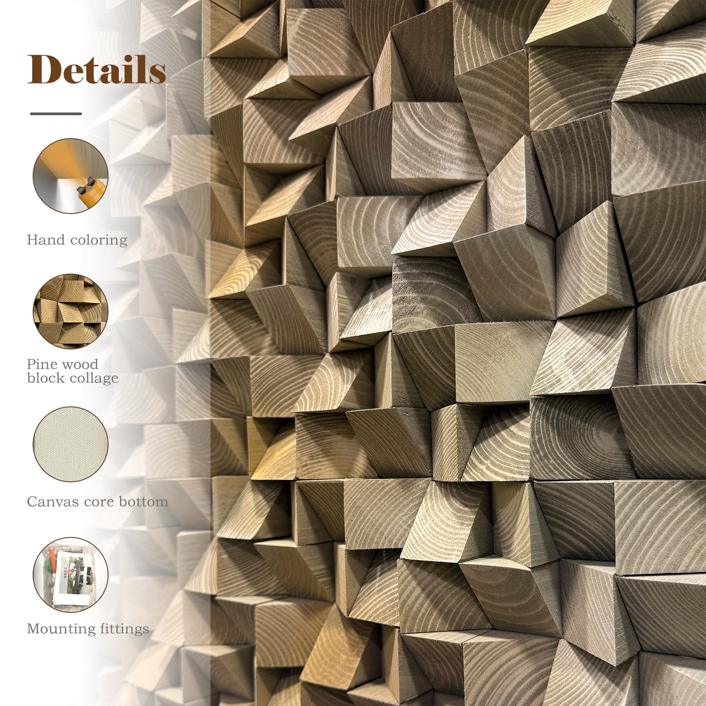 3D gradient wall art with geometric wooden blocks, textured solid wood decor ideal for living rooms, bedrooms and offices.