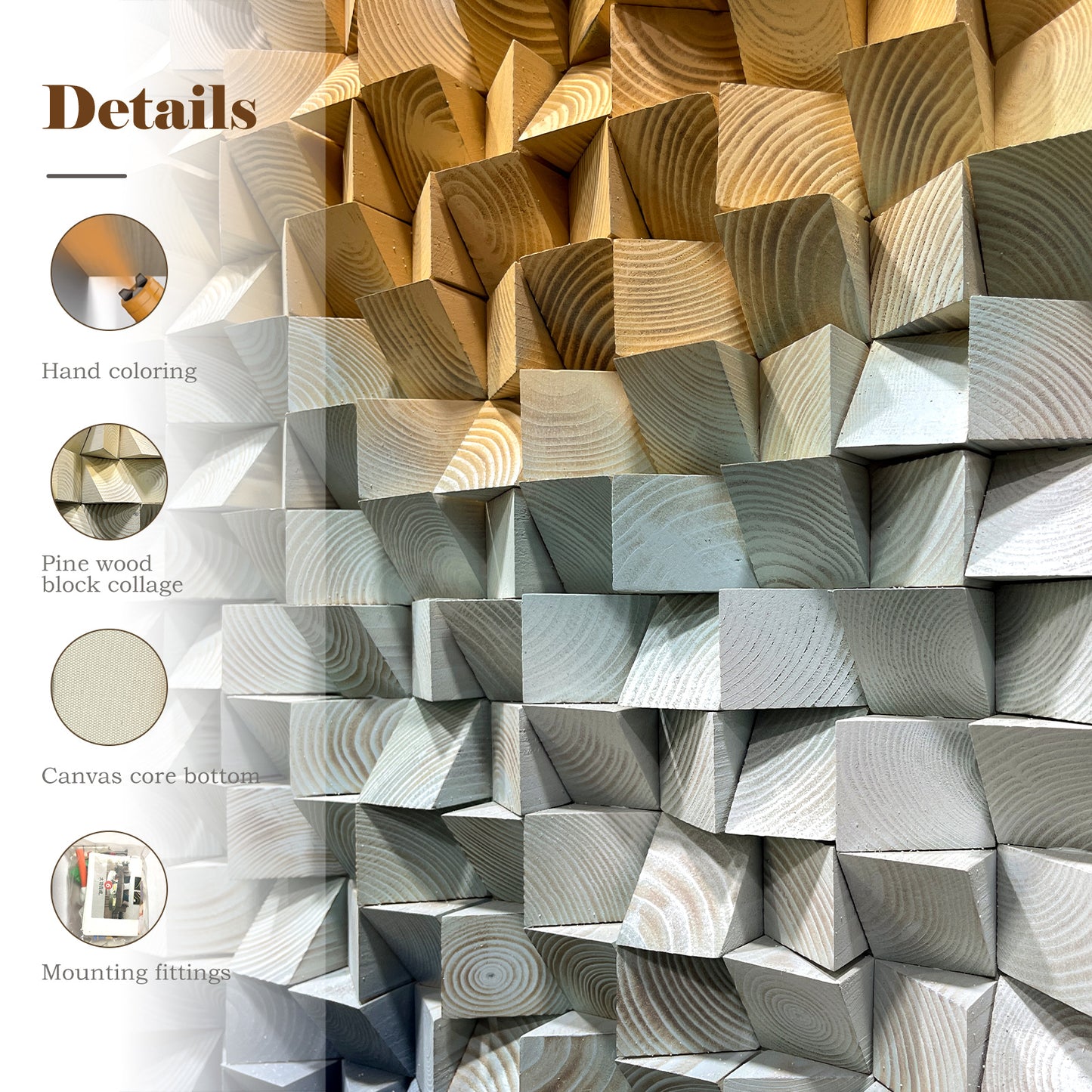 Geometric gradient 3D wooden mosaic wall decor, solid wood textured panel with distinctive layered design.