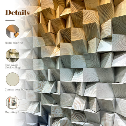 Geometric gradient 3D wooden mosaic wall decor, solid wood textured panel with distinctive layered design.