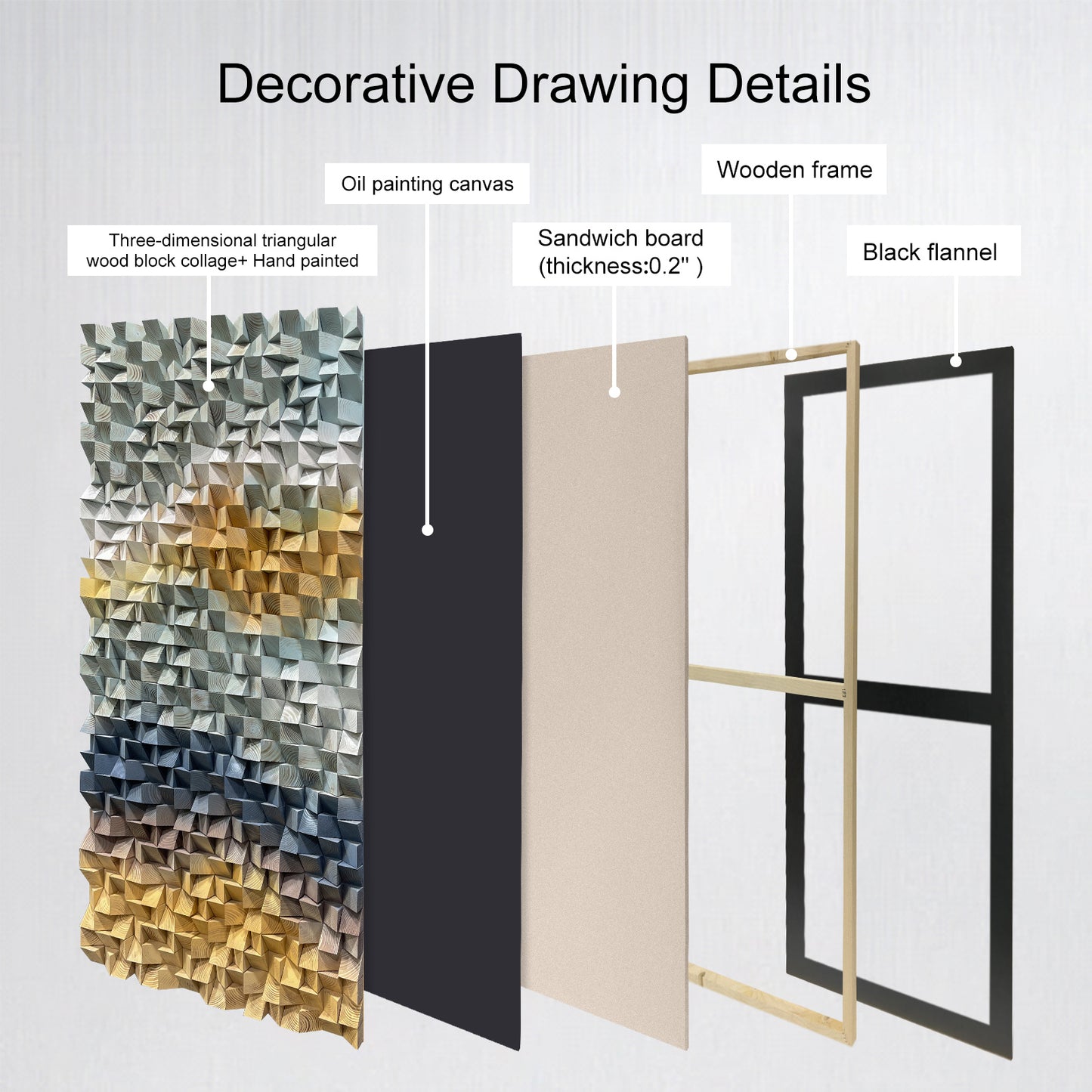 Geometric gradient 3D wooden mosaic wall decor, solid wood textured panel with distinctive layered design.