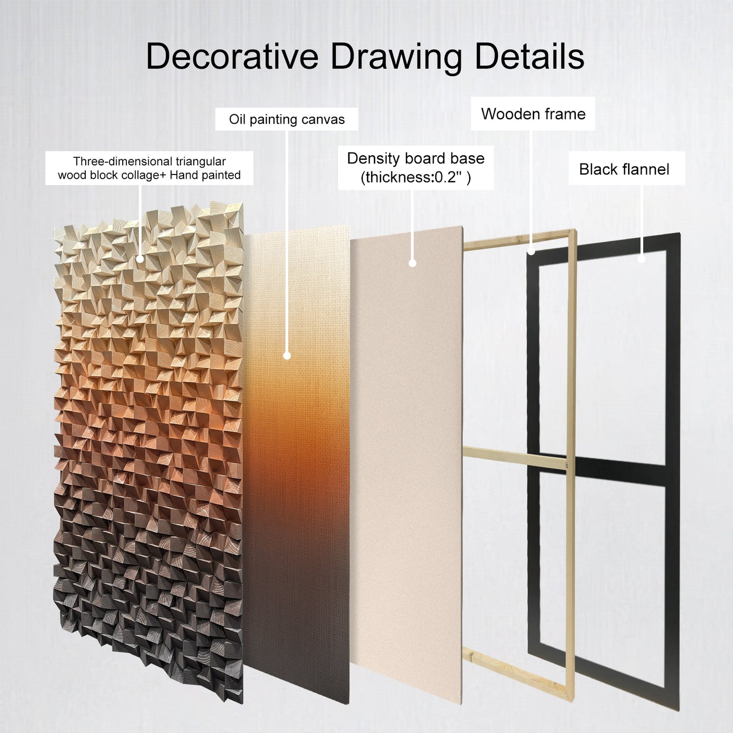 Warm earth-tone wood wall art, 3D textured mosaic with gradient orange-to-brown hues, abstract modern design allowing horizontal or vertical display.