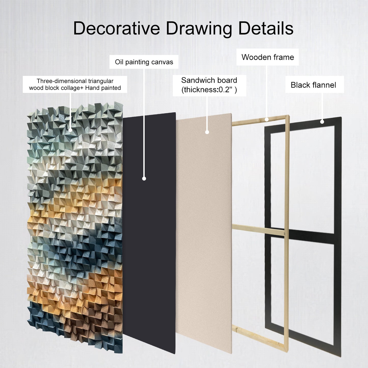 3D gradient wooden mosaic wall artwork, crafted from natural wood with gradual color transitions, full of artistic stereoscopic sense.