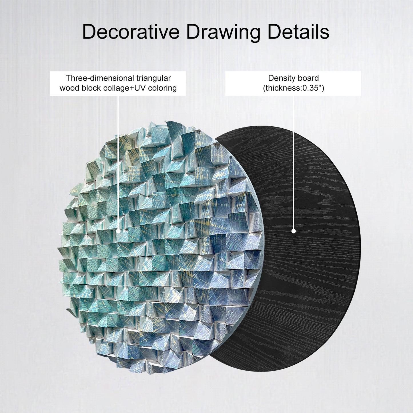Large triangular wooden block wall art with blue-green-gold pattern, eye-catching modern decor for living room.