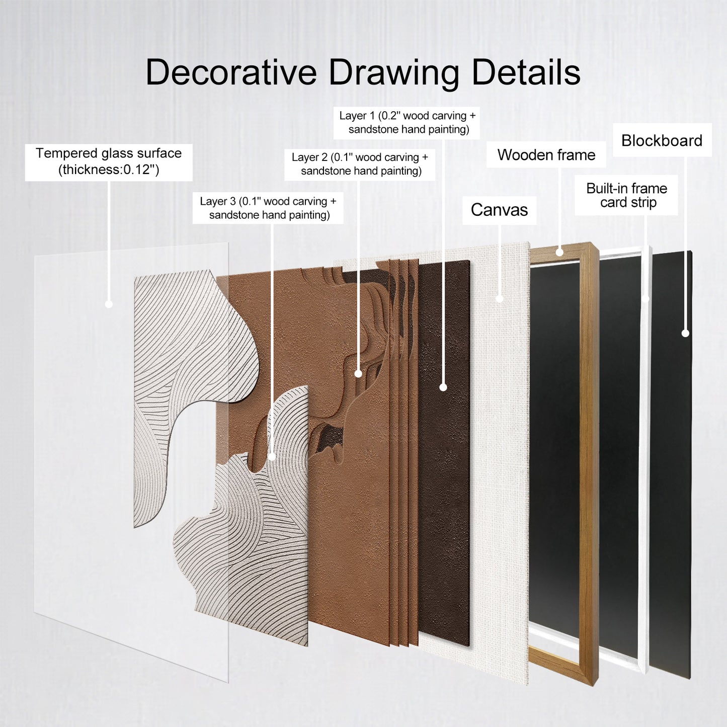 Creative hand-carved decorative artwork interwoven with brown and white lines, accented by a solid wood frame, delivering an elegant artistic touch.