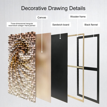 Three-dimensional triangular wooden block wall art, modern styled with natural wood texture, elevating any wall space elegantly.