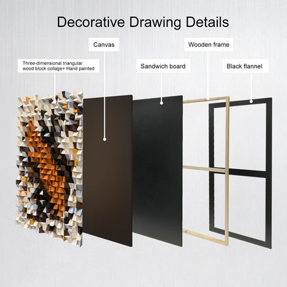 Large 3D natural wood wall decor with original triangular design.