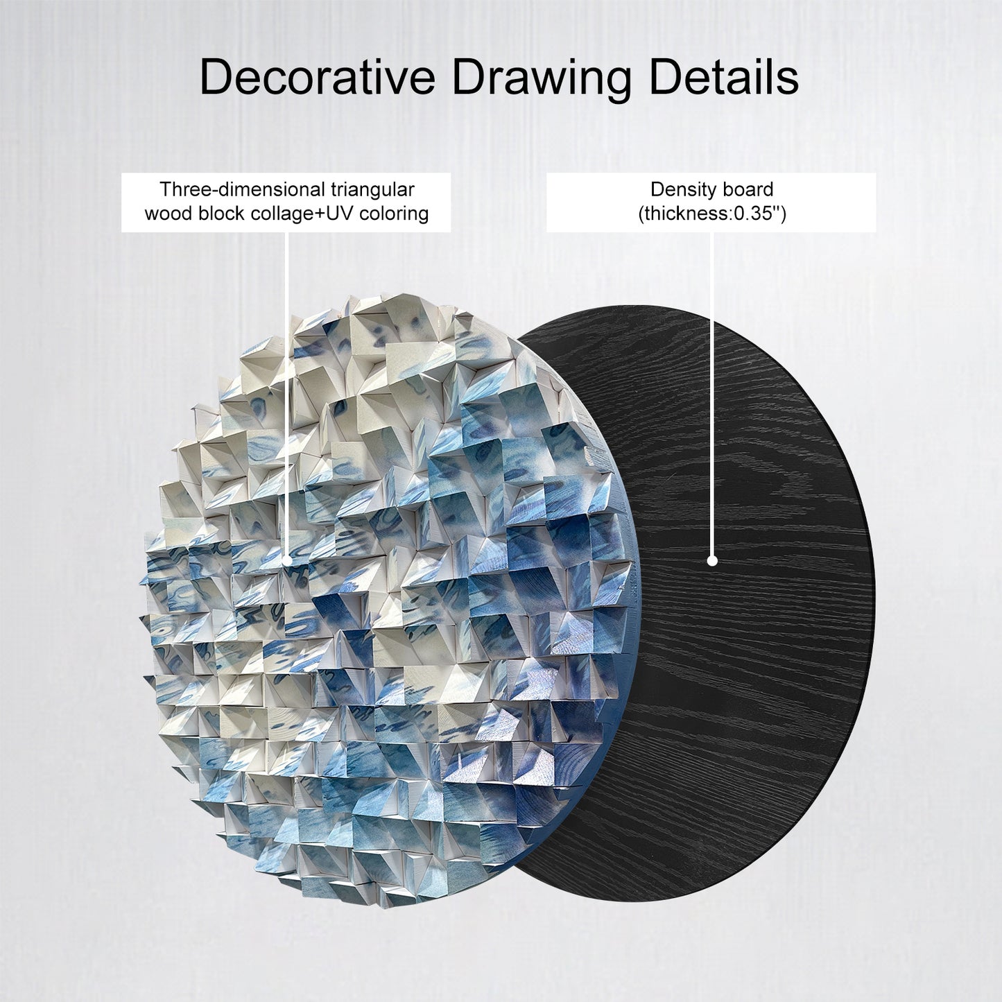 Abstract flow round wood wall art with white & blue river line pattern, modern circular decor for living room and office.