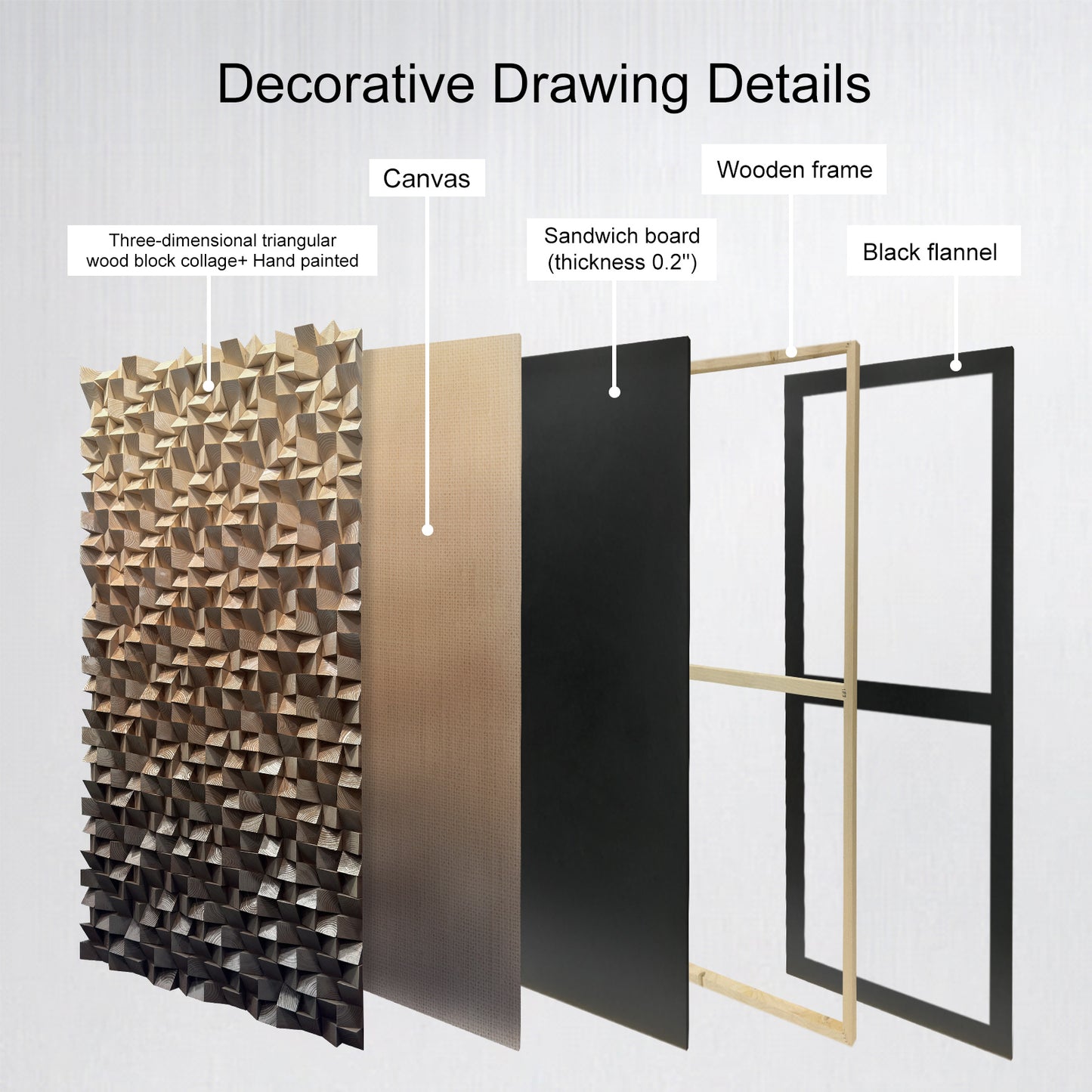 Wooden wall art, handmade solid wood mosaic with abstract coffee brown gradient and triangular design, rich in texture.