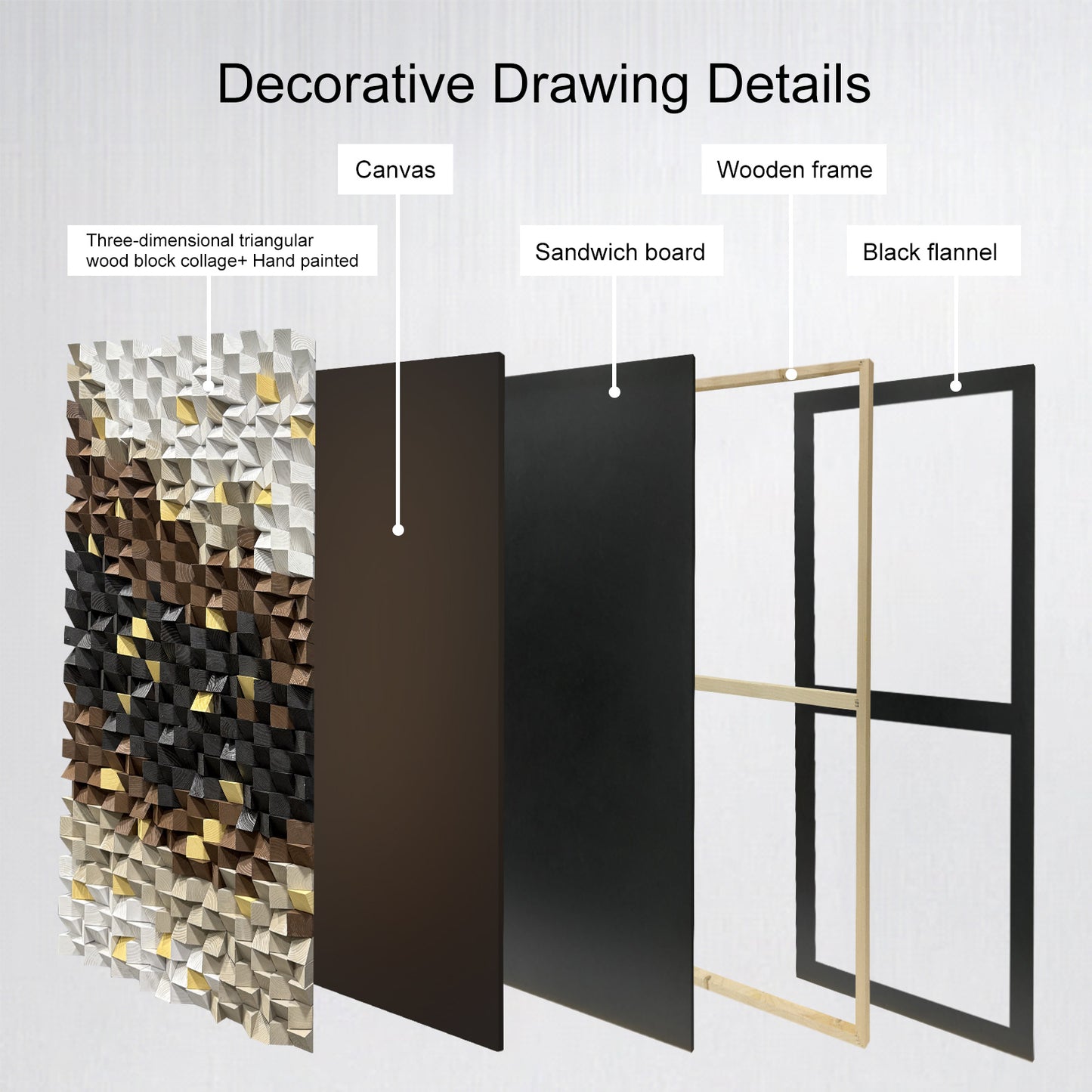 Black & White Textured Wood Wall Art, Grey Mosaic Design, Large-Scale Decorative Artwork