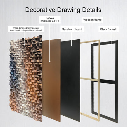 Modern abstract 3D wall art, solid wood mosaic panel in blue, white and orange tones, with rich three-dimensional texture.
