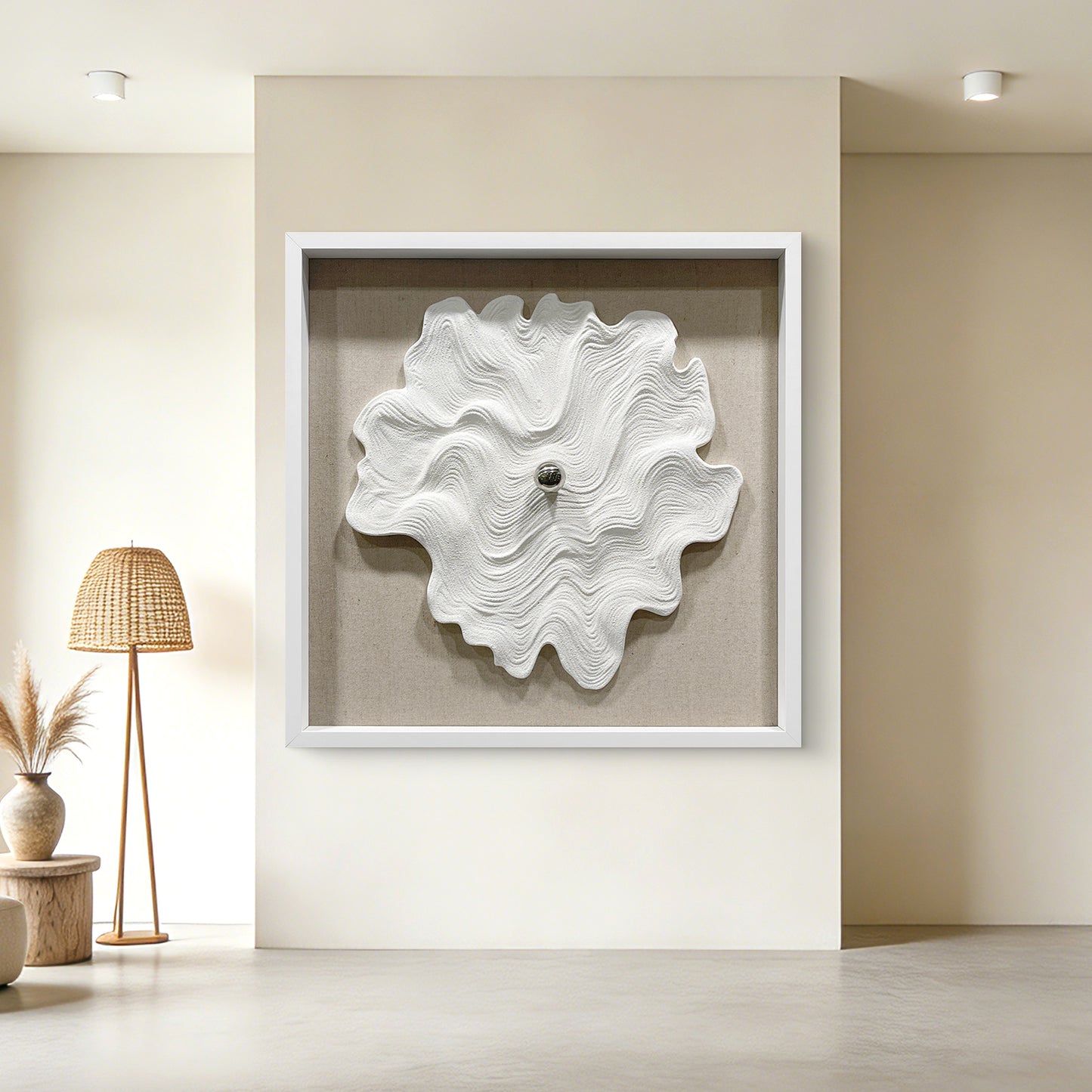 White Textured Wood Carving with Silver Sphere Wall Art