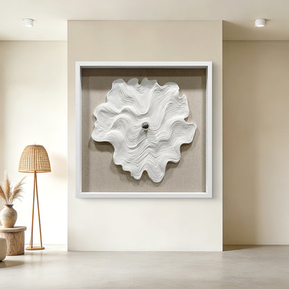 White Textured Wood Carving with Silver Sphere Wall Art