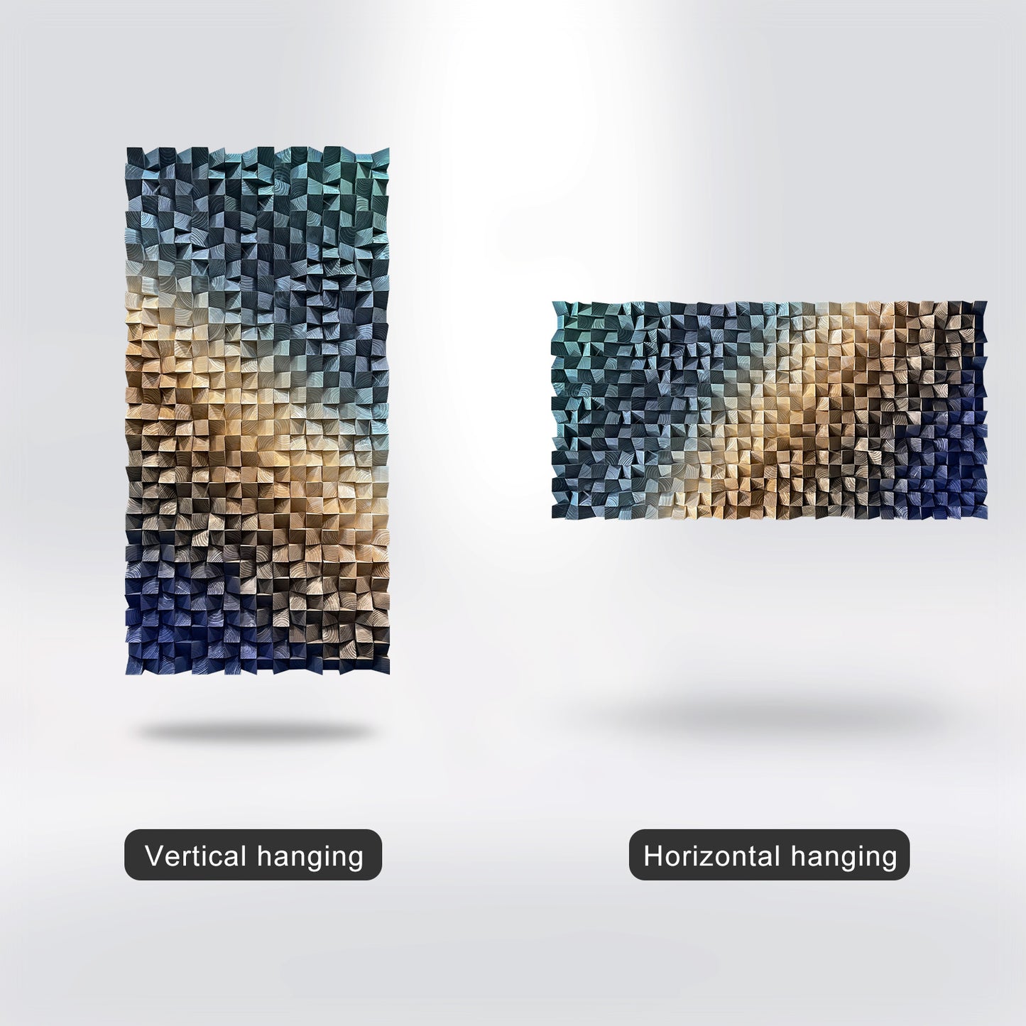 3D wood wall decor featuring triangular wooden blocks, highlighting natural wood grain and rich three-dimensional structure.