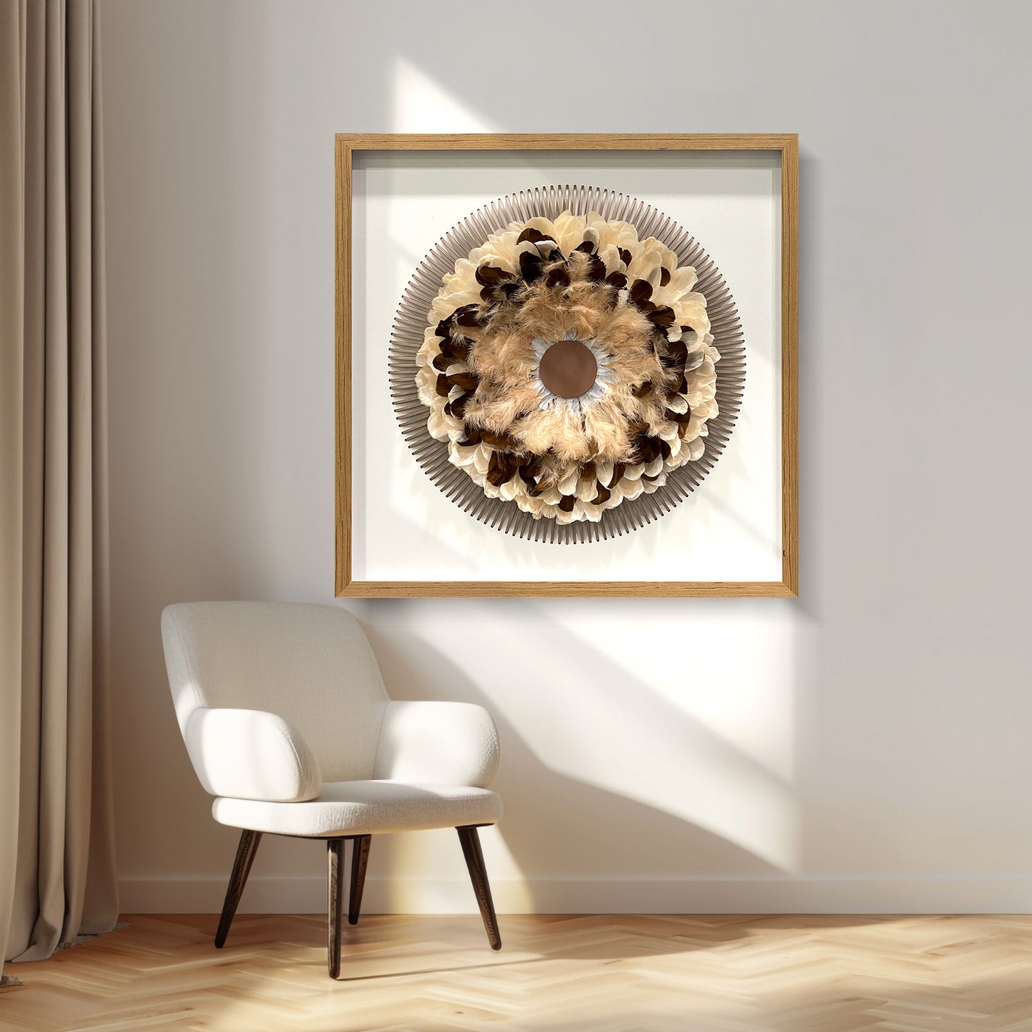 Boho Feather Wall Art - Radial Wood Slats Layered Juju Decor