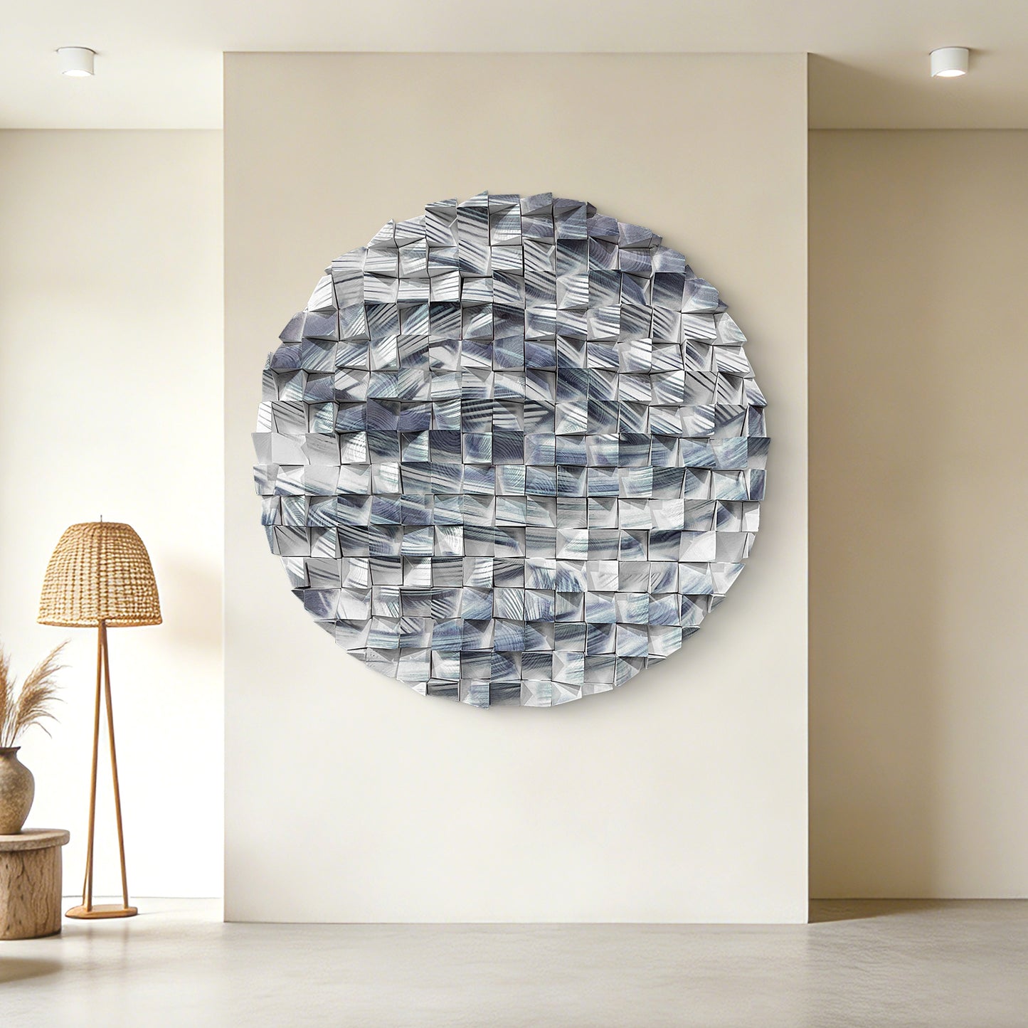 Blue Line Round Wood Wall Art, white backdrop, modern minimalist style, ideal for office wall decor.