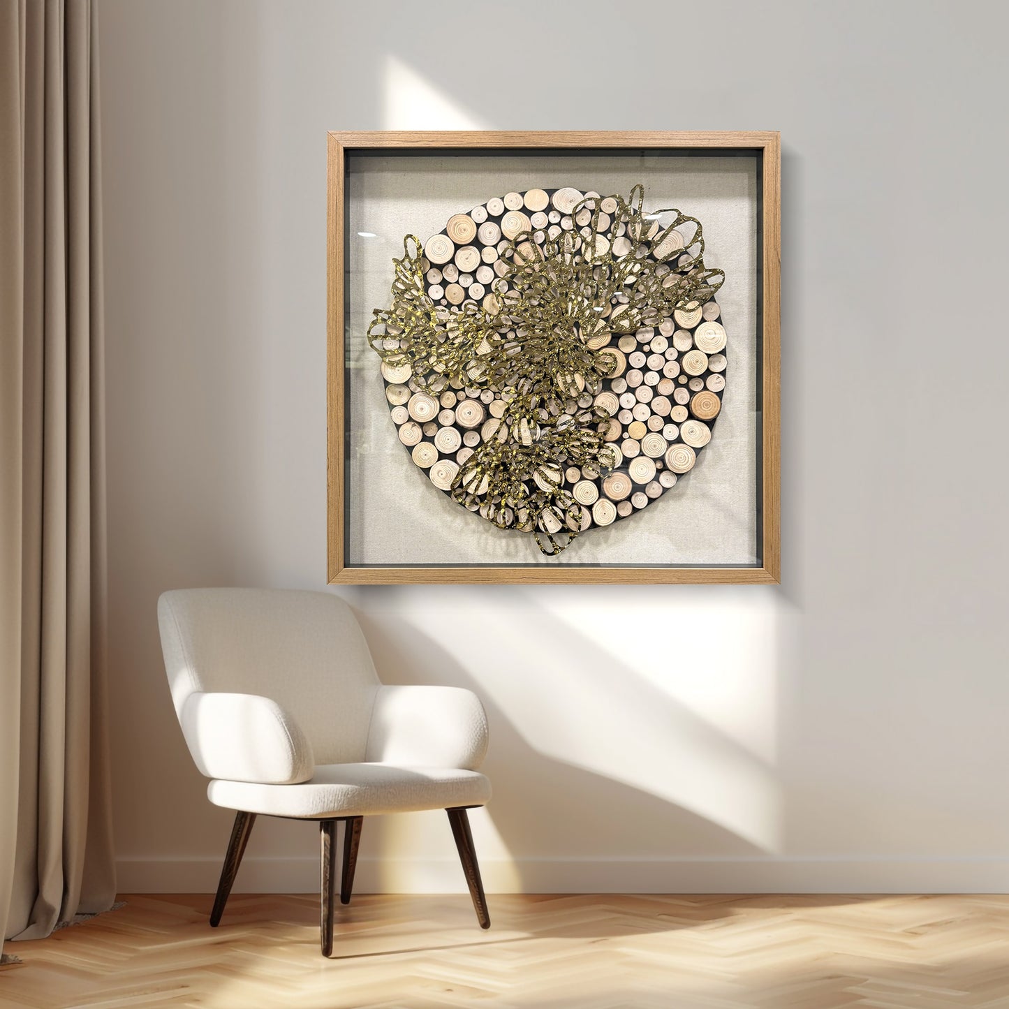 Natural Wood Round & Metal Wall Sculpture - 3D Mixed Media Art