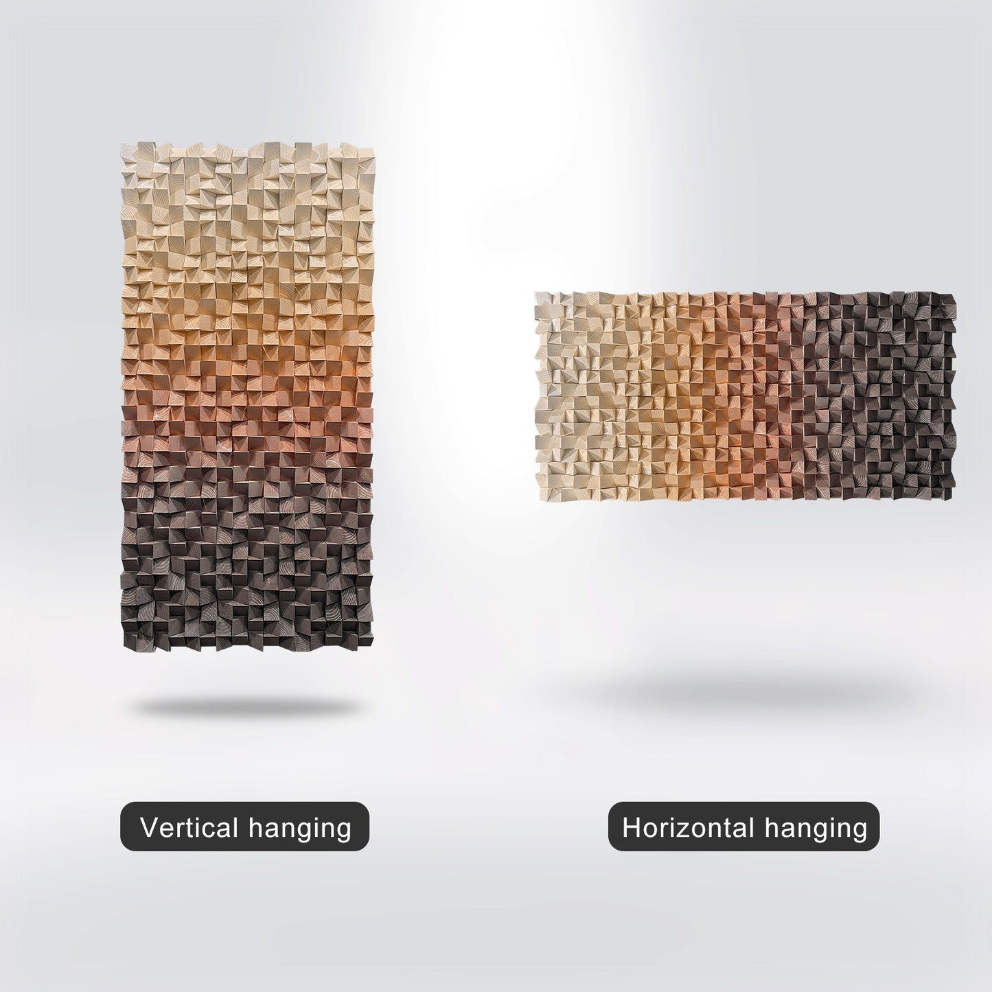 Warm earth-tone wood wall art, 3D textured mosaic with gradient orange-to-brown hues, abstract modern design allowing horizontal or vertical display.