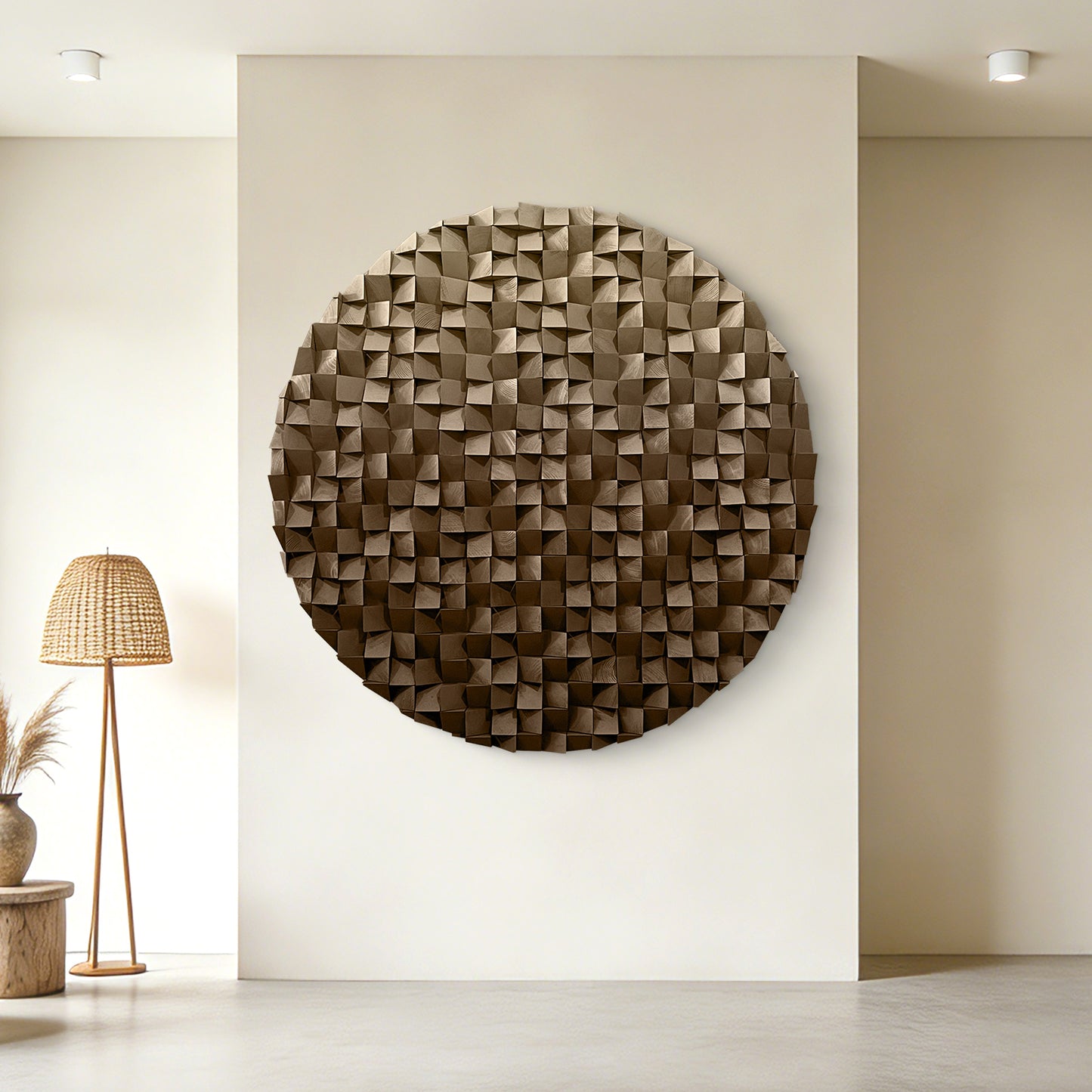 Wooden circle wall decor with 3D textured mosaic in warm brown tones, modern abstract art perfect for living room accent walls.