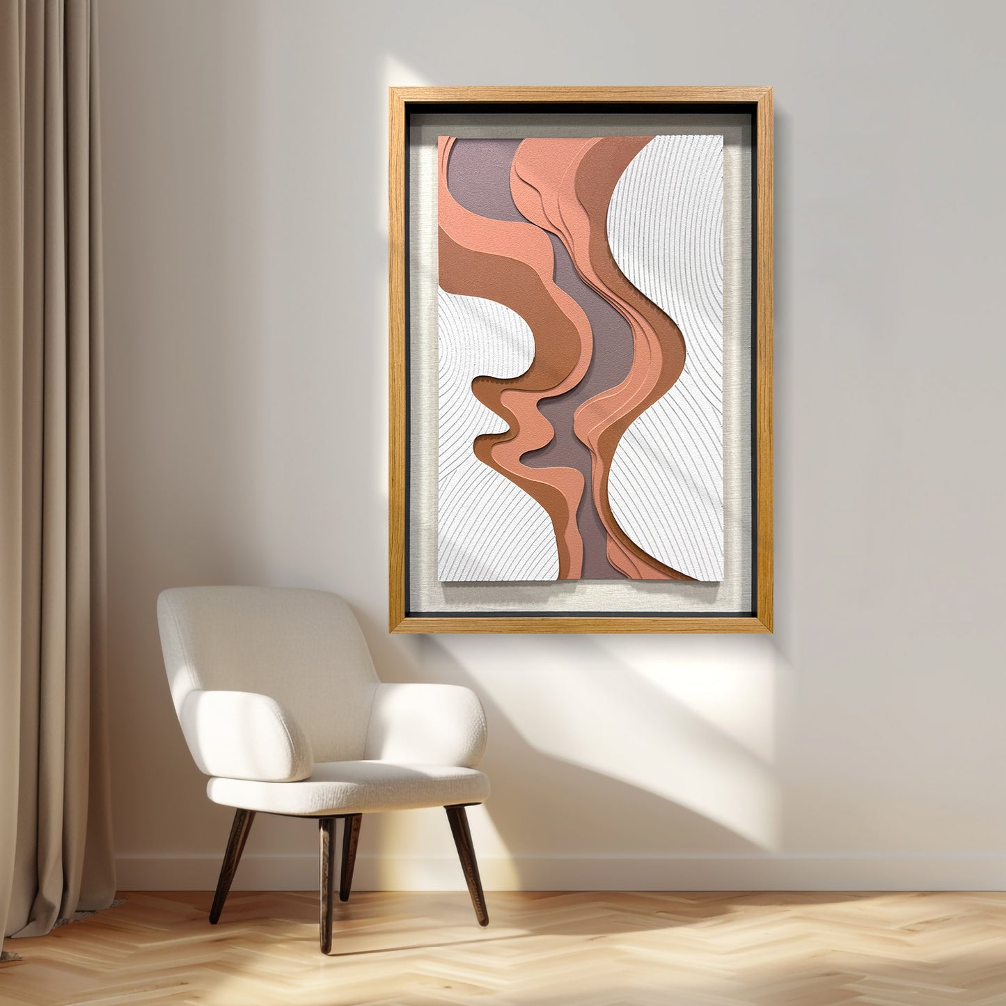 Large 3D Wood Carving Framed Wall Art, Brown Textured Handcrafted Decor