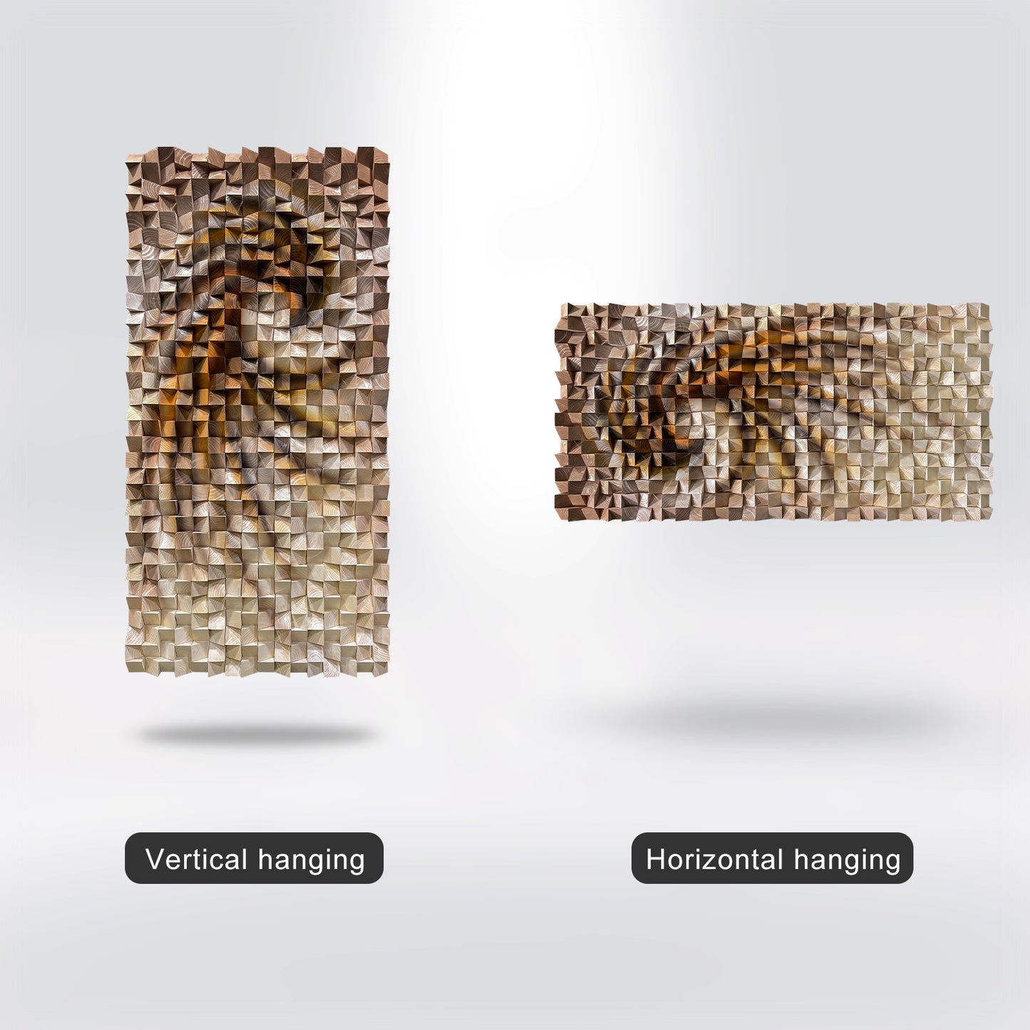 Three-dimensional triangular wooden block wall art, modern styled with natural wood texture, elevating any wall space elegantly.
