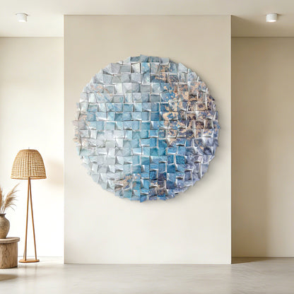 Wooden circle wall decor, handcrafted azure ocean mosaic, large ready-to-hang round art for home & office.