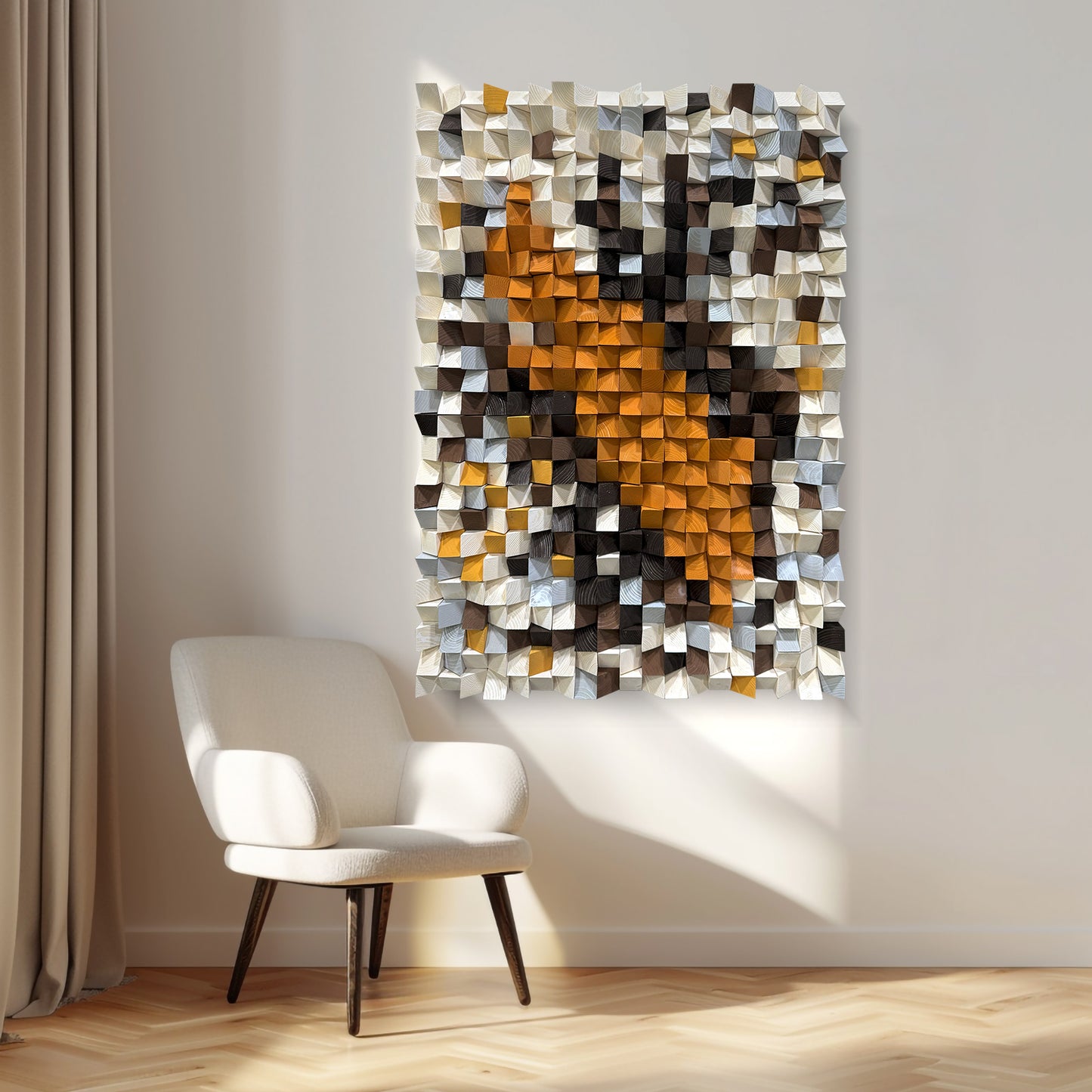 Large 3D natural wood wall decor with original triangular design.